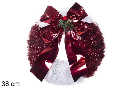[113630] Corona in polistirolo con orpelli rossi e bianchi con fiocco 38 cm
