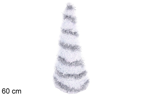 [113653] Albero conico in metallo con orpelli argento e bianco 60 cm