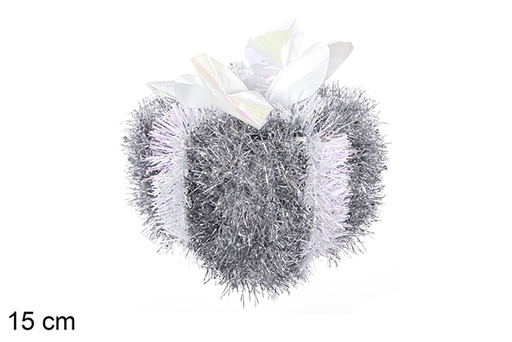 [113654] Polystyrene gift package decorated with silver tinsel with white bow 15 cm