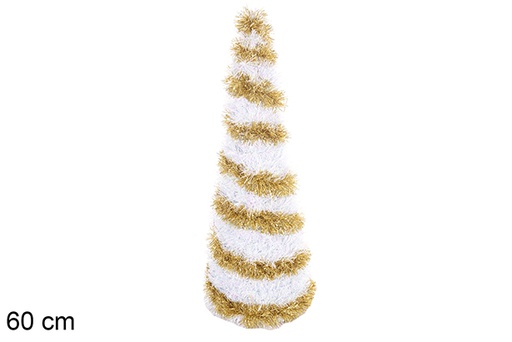 [113656] Albero conico in metallo con orpelli oro e bianco 60 cm