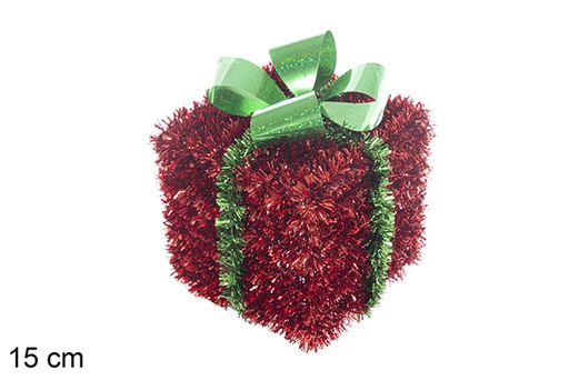 [113671] Polystyrene gift package decorated with red tinsel with green bow 15 cm