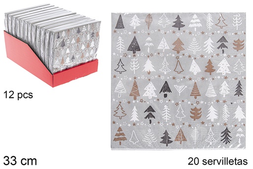 [113695] Pack 20 guardanapos cinza decorados com árvore de Natal 33 cm