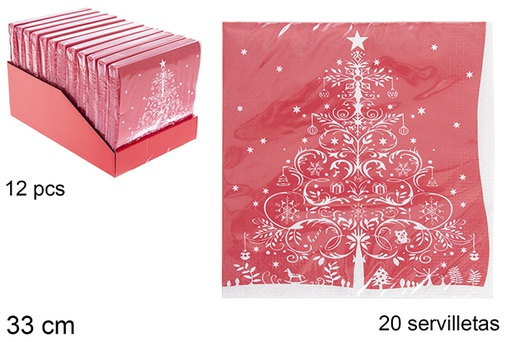 [113699] Pack 20 serviettes rouges décorées sapin de Noël 33 cm