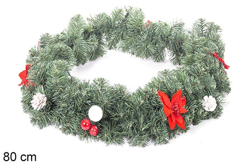 [113779] Rama verde PVC decorado Navidad piñas y flor 80 cm
