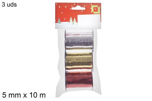 [113816] Pack 3 carretéis de fita prata/ouro/vermelho 5 mm x 10 m