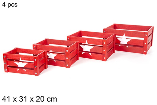 [112359] Pack 4 star decorated red wooden crate 41x31 cm 