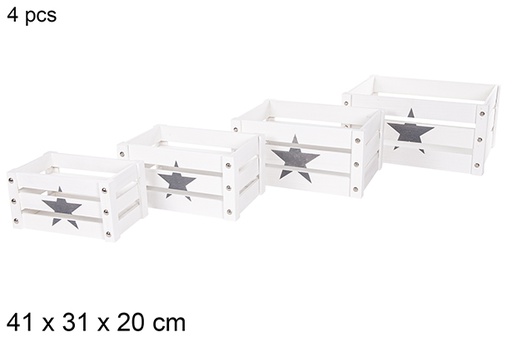 [112361] Pack 4 caisse en bois blanche décorée étoile 41x31 cm 