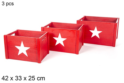 [112363] Pack 3 scatole in legno rosse decorate con stelle 42x33 cm