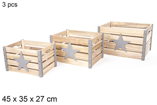 [112364] Pack 3 caixa de madeira natural decorada estrela 45x35 cm 