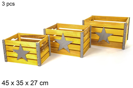 [112365] Pack 3 decorated yellow wooden crate 45x35 cm  