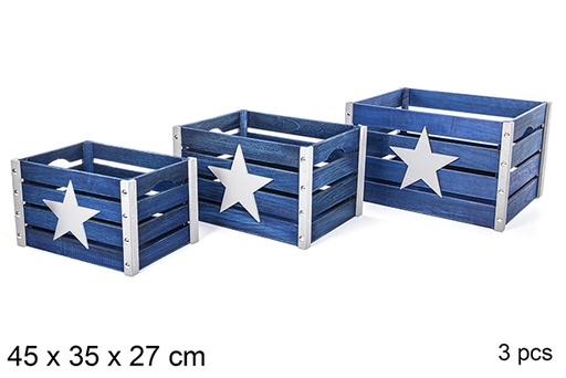 [112366] Pack 3 caisses en bois bleues décorées 45x35 cm