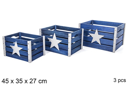 [112366] Pack 3 caisses en bois bleues décorées 45x35x27 cm