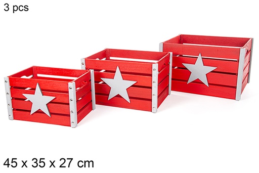 [112367] Pack 3 caisses en bois rouges décorées 45x35 cm