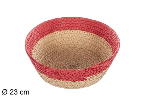 [112368] Cesta redonda cuerda papel natural borde rojo 23 cm