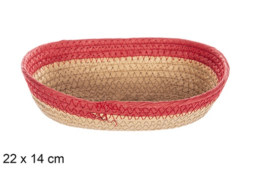 [112387] Panier ovale corde papier naturel bord rouge 22x14 cm