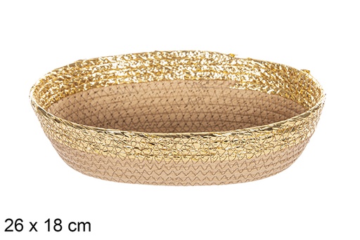 [112396] Cesta ovalada cuerda papel natural borde oro 26x18 cm
