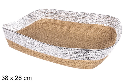 [112406] Cesto retangular corda papel natural borda prateada 38x28 cm
