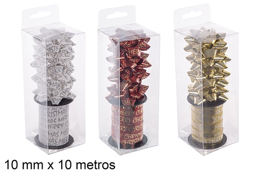 [112456] Nastro regalo natalizio con 4 fiocchi colori assortiti 10 mm x 10 metri