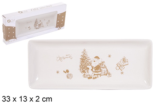 [113211] New gold rectangular ceramic Christmas tray 33x13 cm