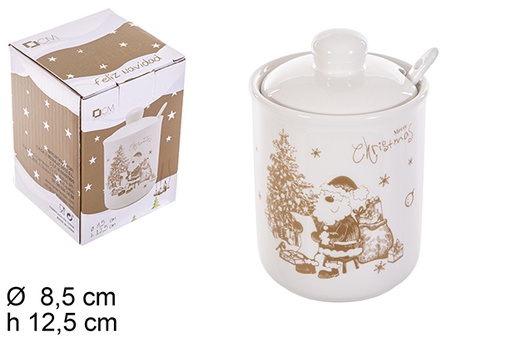 [113215] Ceramic jar with spoon Christmas gold New 8,5x12,5 cm