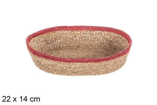 [113256] Panier ovale en jonc de mer et jute rouge 22x14 cm