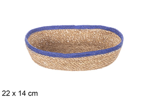 [113259] Panier ovale en jonc de mer et jute bleu 22x14 cm