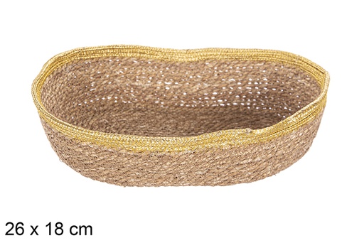 [113260] Panier ovale en jonc de mer et jute doré 26x18 cm