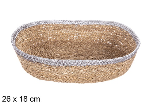 [113262] Panier ovale en jonc de mer et jute argenté 26x18 cm