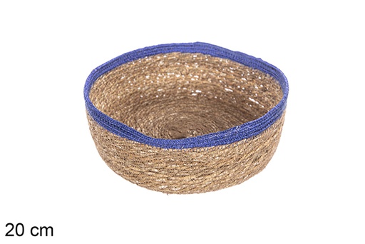 [113279] Panier rond en jonc de mer et jute bleu 20 cm