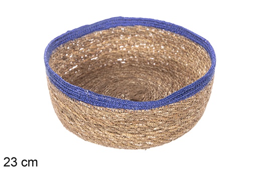 [113284] Panier rond en jonc de mer et jute bleu 23 cm