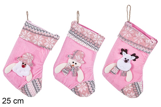 [113377] Chaussette de Noël rose décorée assortie 25 cm