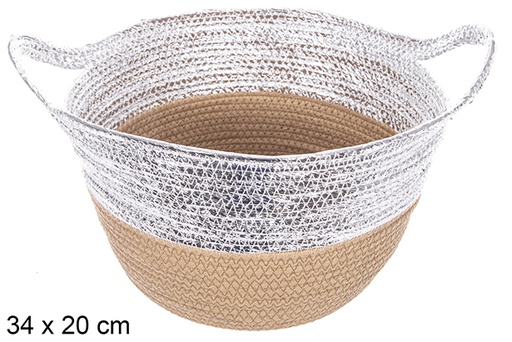 [114089] Cesto de corda de papel natural/prateado com alça 34x20 cm