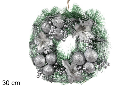[114118] Christmas wreath balls/flower silver 30 cm