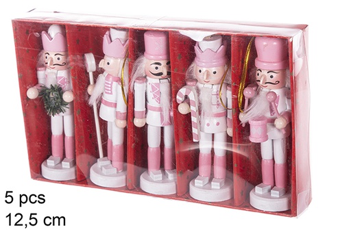 [114126] Pack 5 soldats casse-noisette de Noël en bois rose 12,5 cm