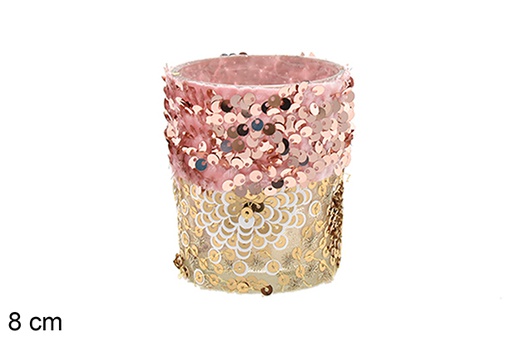 [206501] Bougeoir en verre décoré de paillettes dorées/roses 8 cm