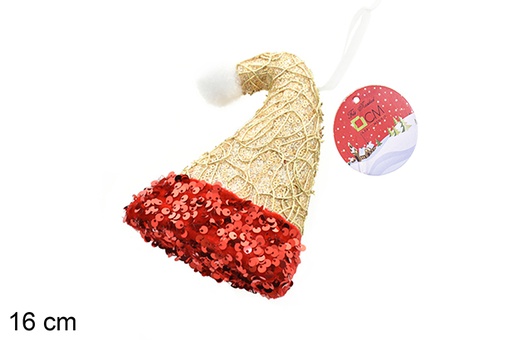 [206547] Pendentif chapeau décoré de paillettes dorées/rouges 16 cm