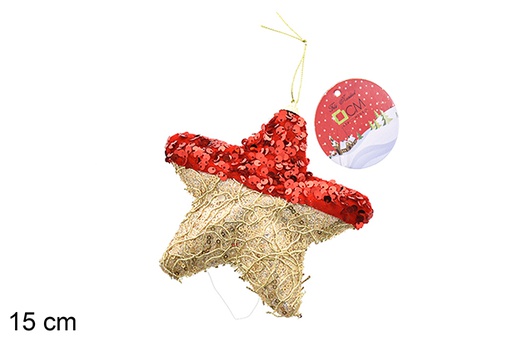 [206559] Colgante estrella decorado lentejuelas oro/rojo 15 cm