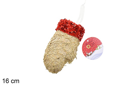 [206582] Ciondolo guanto decorato con paillettes oro/rosse 16 cm