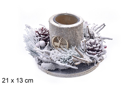 [206874] Castiçal redondo nevado com vidro decorado com abacaxi 21x13 cm