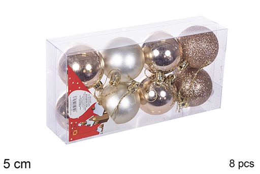 [112620] Pack 8 boules champagne brillantes/mates/à paillettes 5 cm