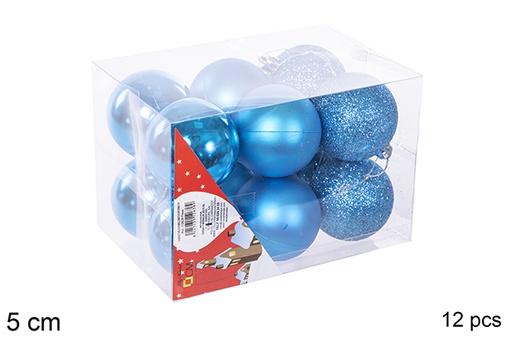 [112638] Pack 12 boules turquoise brillantes/mates/à paillettes 5 cm