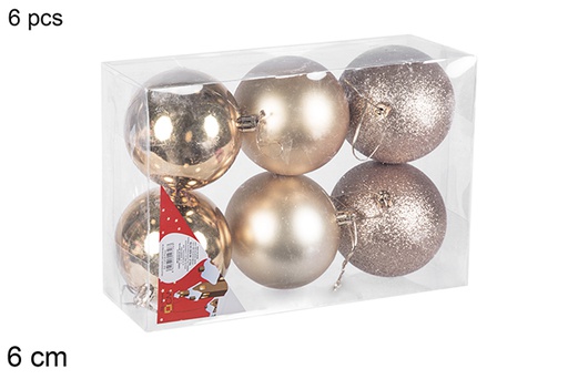 [112668] Pack 6 boules champagne brillantes/mates/à paillettes 6 cm