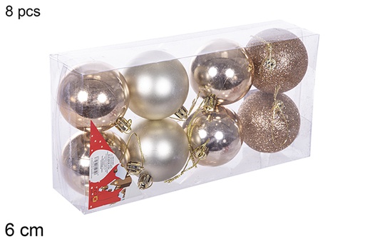 [112676] Pack 8 boules champagne brillantes/mates/à paillettes 6 cm