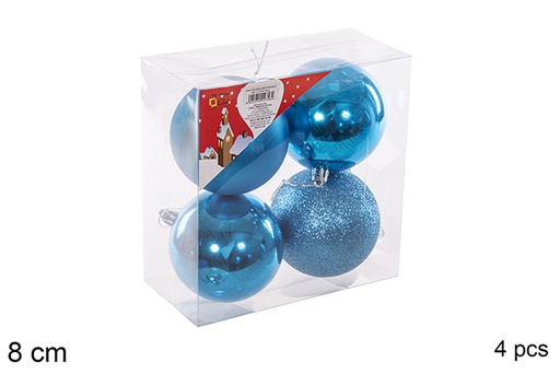 [112758] Pack 4 boules turquoise brillantes/mates/à paillettes 8 cm