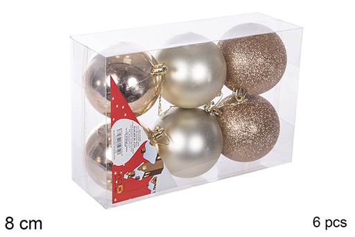 [112764] Pack 6 boules champagne brillantes/mates/à paillettes 8 cm