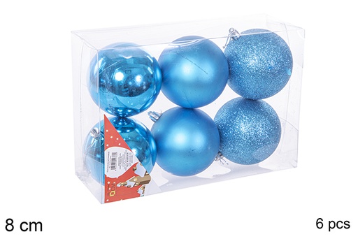 [112766] Pack 6 bolas turquesa brillo/mate/purpurina 8 cm