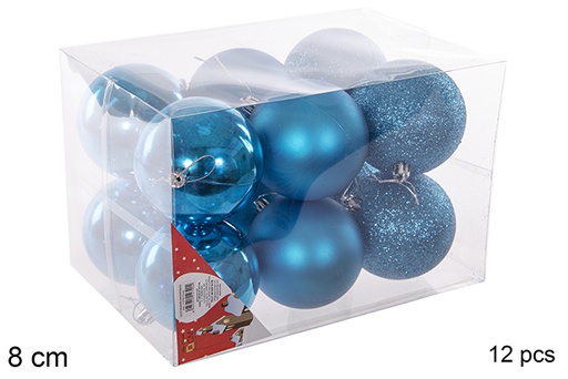 [112790] Pack 12 boules turquoise brillantes/mates/à paillettes 8 cm