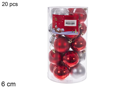 [112805] Pack 20 boules rouges/argentées brillantes/mates assorties cylindre 6 cm