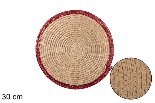 [114202] Sottopentola rotondo in corda di carta naturale con bordo glitterato rosso 30 cm