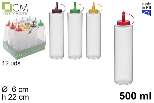 [113269] Garrafa de molho de plástico transparente com tampa de cores sortidas 500 ml